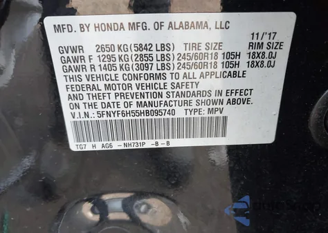 2017 Honda Pilot Ex-L z USA, uszkodzony, nr VIN 5FNYF6H55HB095740